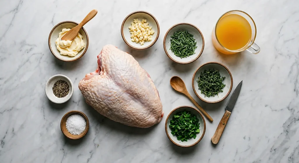 Overhead view of raw turkey breast surrounded by small bowls of butter, garlic, fresh herbs, salt, pepper, and broth on a marble surface.