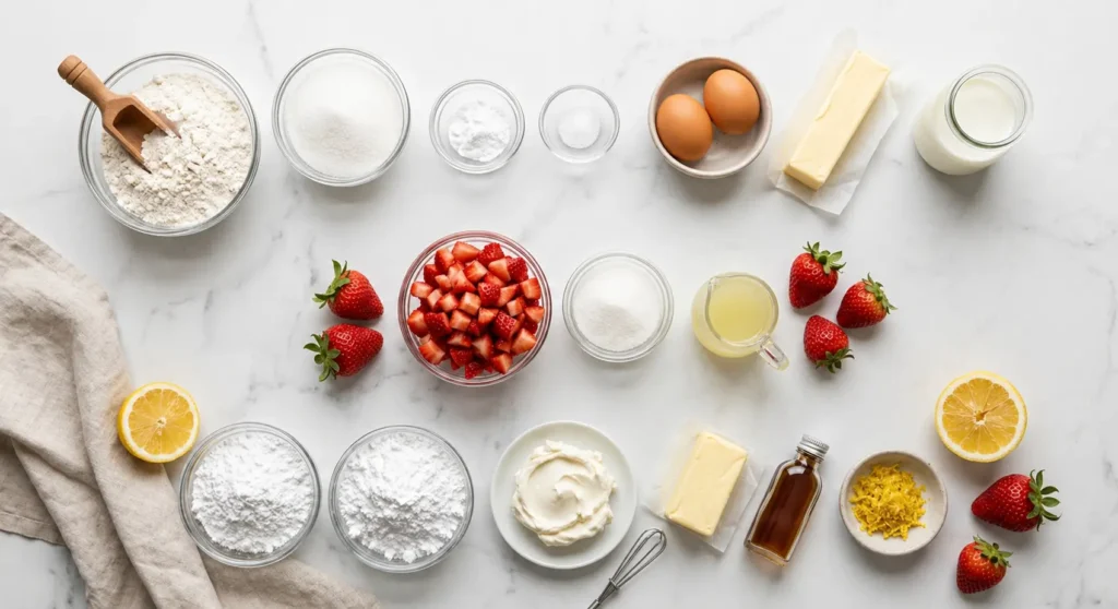 Overhead flat lay of baking ingredients including flour, sugar, eggs, butter, milk, strawberries, and lemons arranged neatly on a white marble surface.