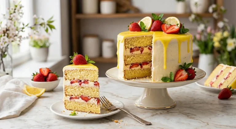 Strawberry lemon layer cake with creamy frosting and glossy lemon drip, topped with fresh strawberries and lemon slices, served on a cake stand with a sliced piece on a plate.