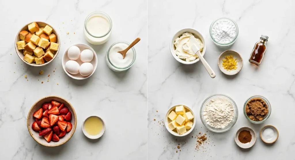Flat lay of baking ingredients including eggs, milk, butter, flour, sugar, strawberries, lemon juice, and vanilla arranged on a white marble surface.