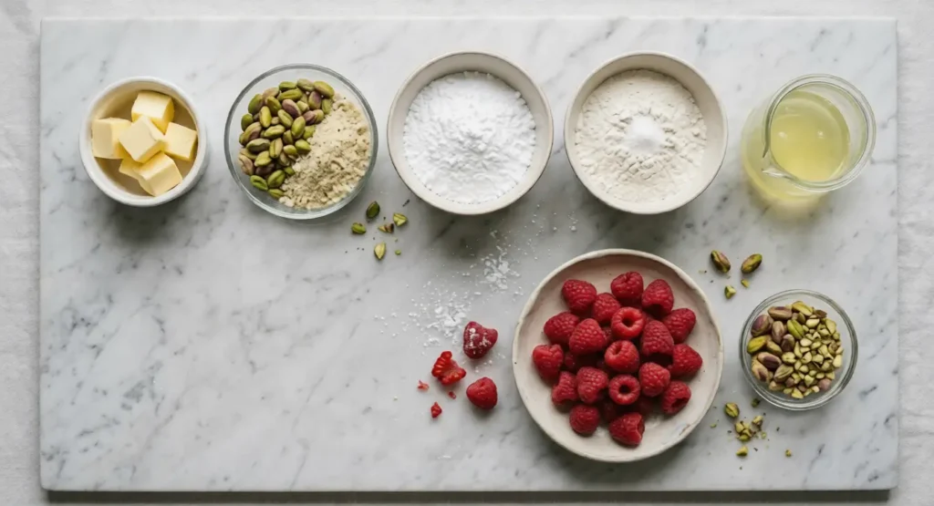 Ingredients for Pistachio and Raspberry Financiers