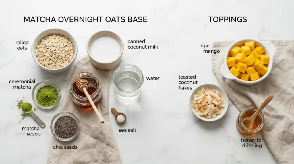 Matcha Overnight Oats with Mango and Coconut ingredients