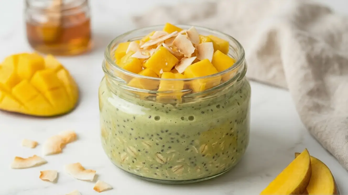Matcha Overnight Oats with Mango and Coconut