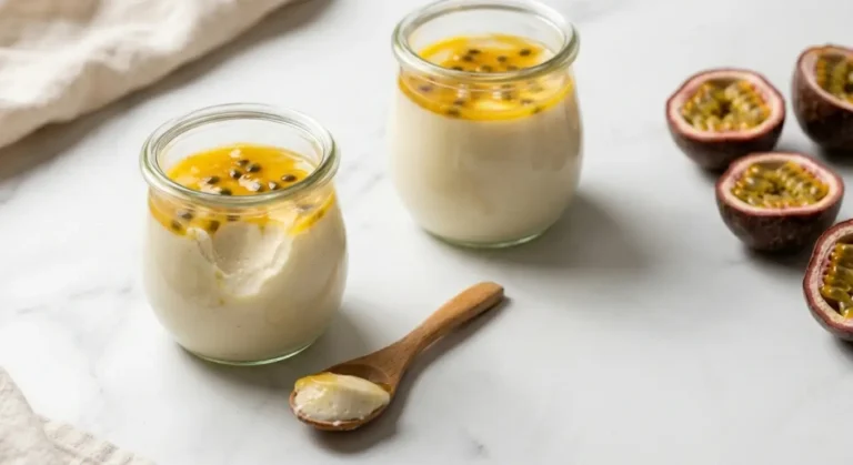 coconut panna cotta with passion fruit coulis