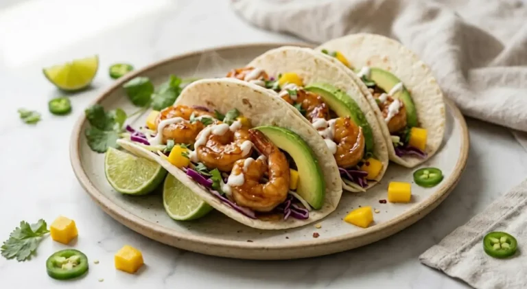 honey garlic shrimp tacos with mango slaw