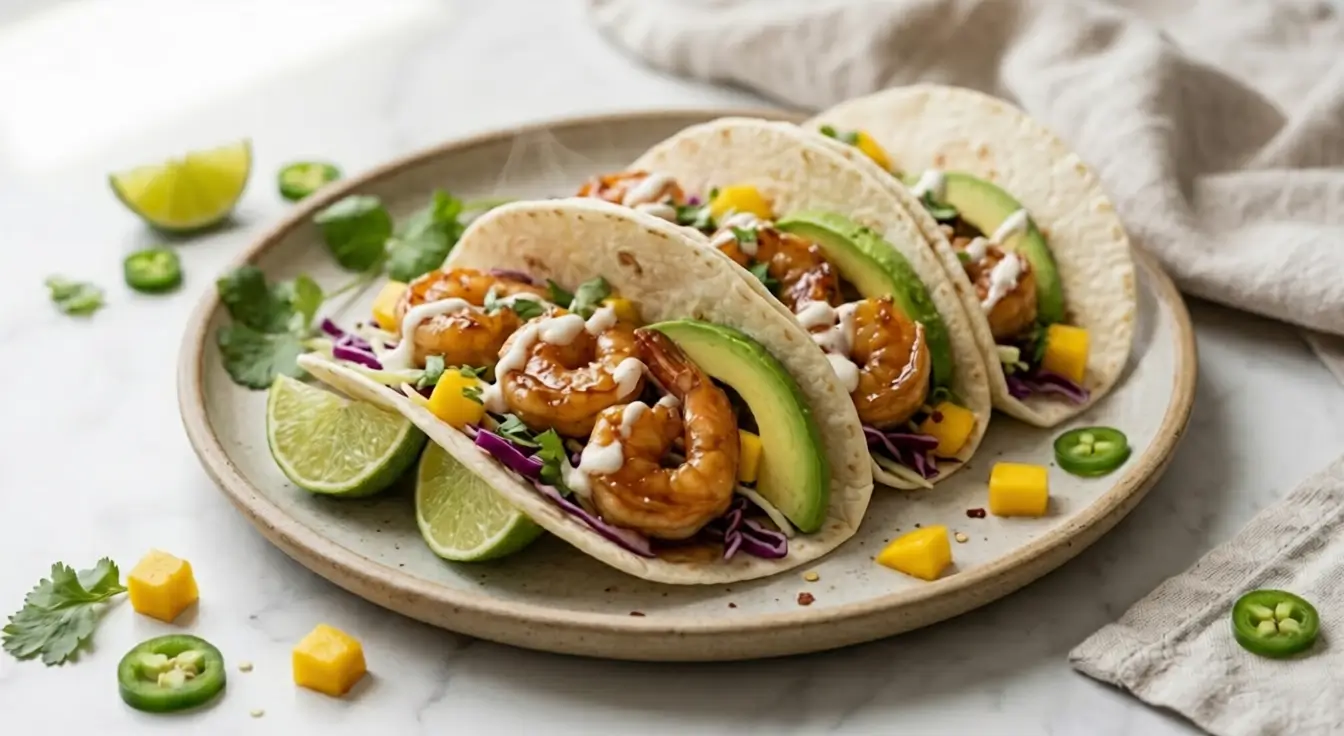 honey garlic shrimp tacos with mango slaw