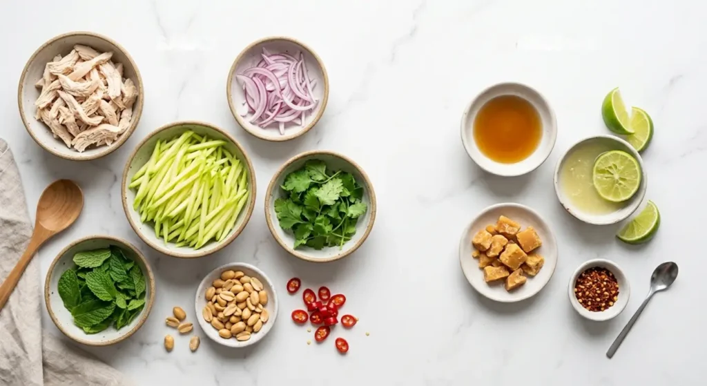 ingredient layout for Thai-style green mango chicken salad
