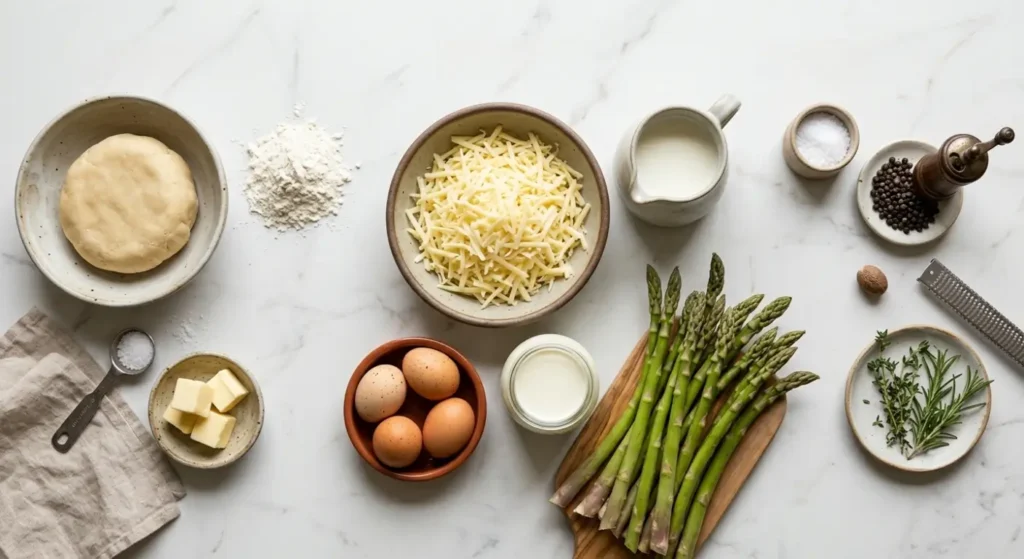 ingredient layout for asparagus and Gruyère quiche