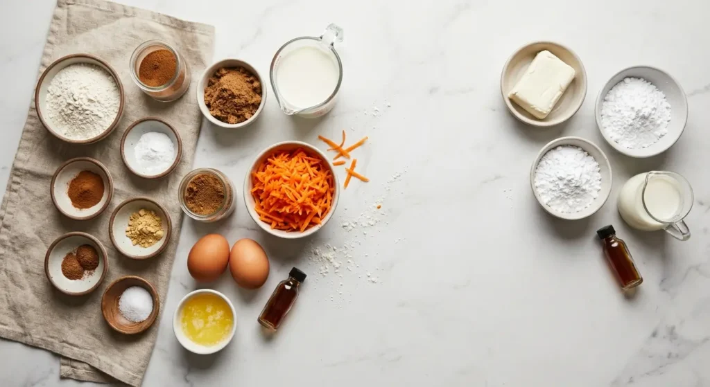 ingredient layout for carrot cake waffles with cream cheese glaze