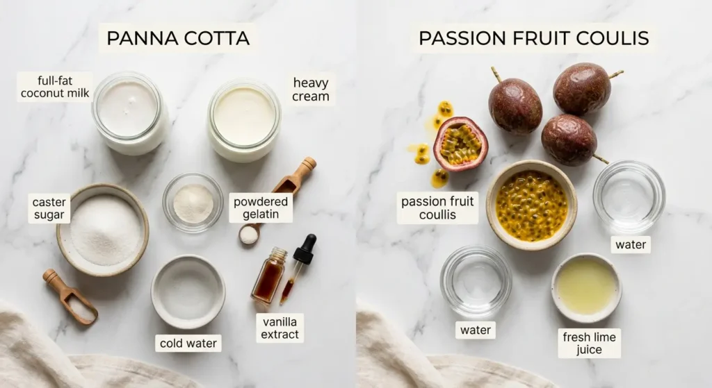 ingredient layout for coconut panna cotta with passion fruit coulis