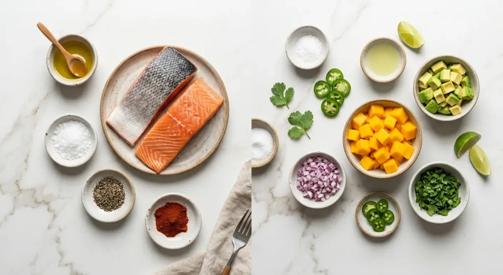 ingredient layout for grilled salmon with mango avocado salsa