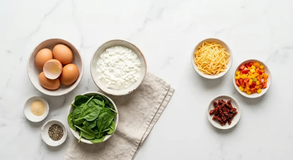 ingredient layout for high protein egg muffins with cottage cheese and spinach