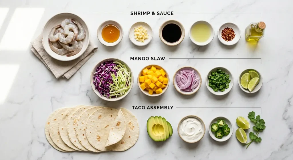 ingredient layout for honey garlic shrimp tacos with mango slaw