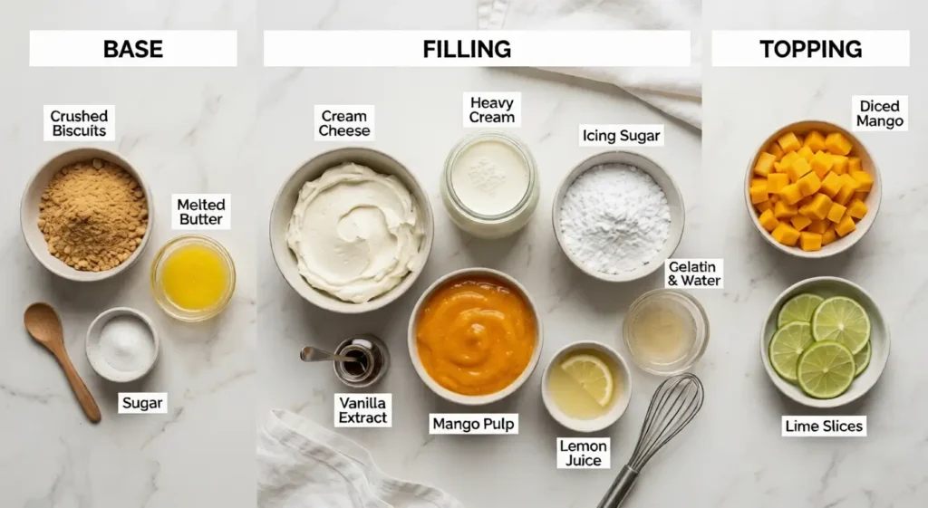 ingredient layout for no-bake mango cheesecake