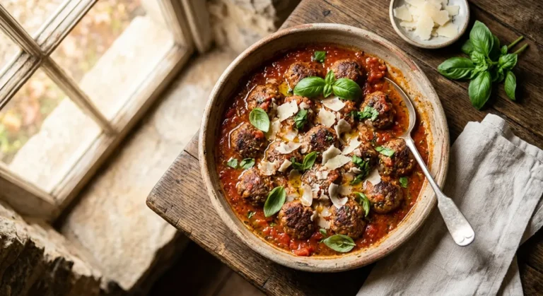 Bowl of classic beef meatballs simmering in tomato marinara sauce, topped with fresh basil and shaved Parmesan