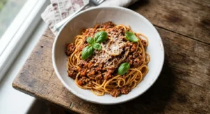Bowl of spaghetti bolognese topped with fresh basil and grated Parmesan cheese