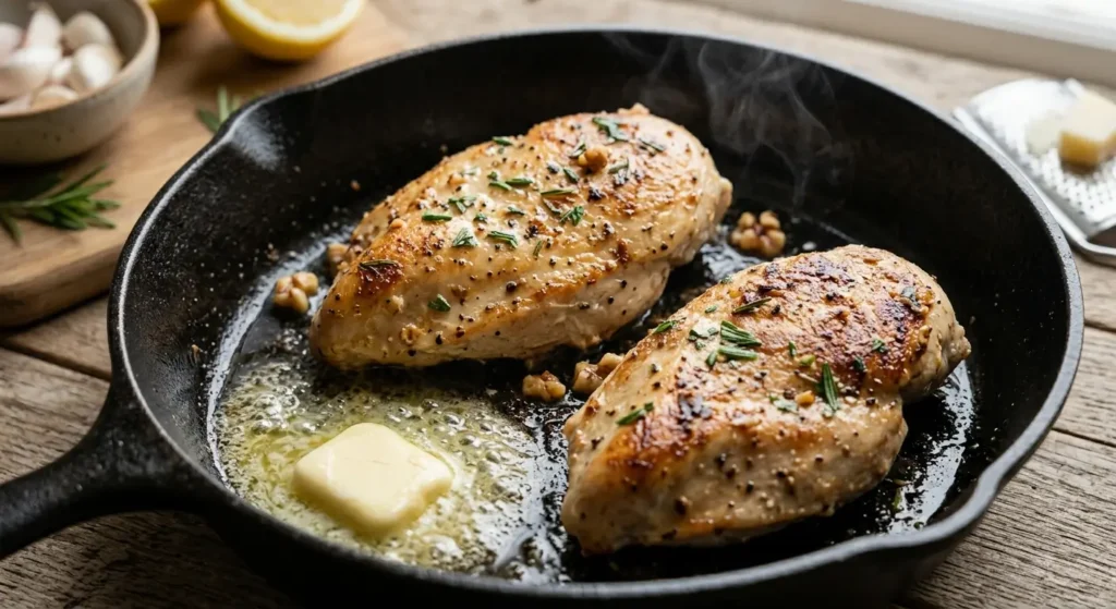 Chicken breasts searing in a skillet with a golden brown crust forming