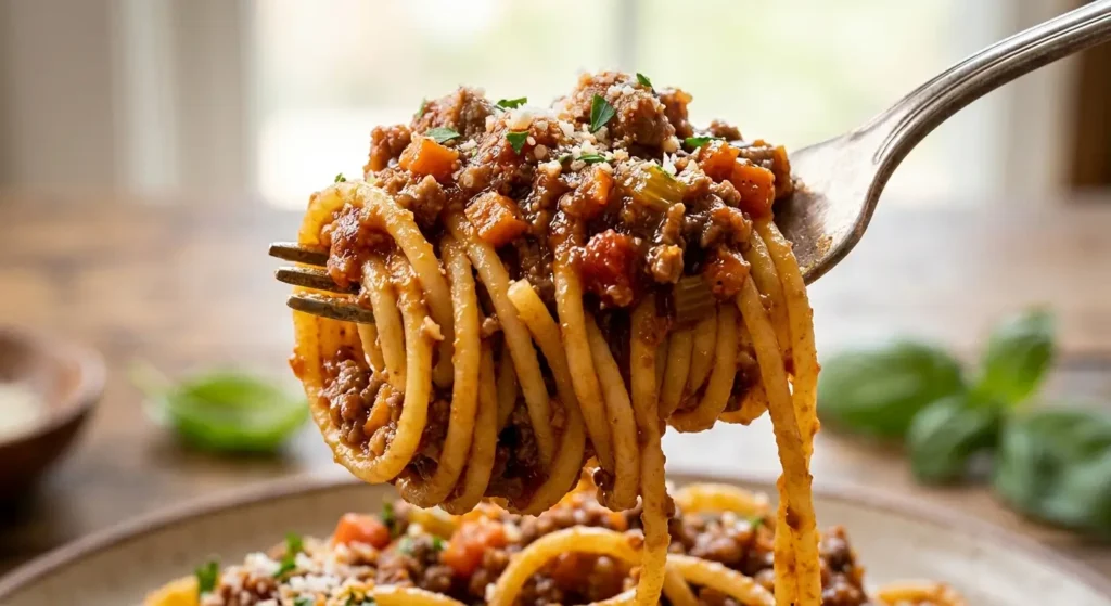 Close-up of spaghetti bolognese twirled on a fork with rich meat sauce