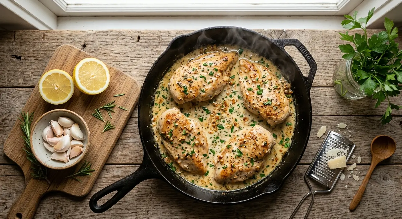 Garlic butter chicken breasts in creamy sauce in a cast iron skillet, garnished with parsley