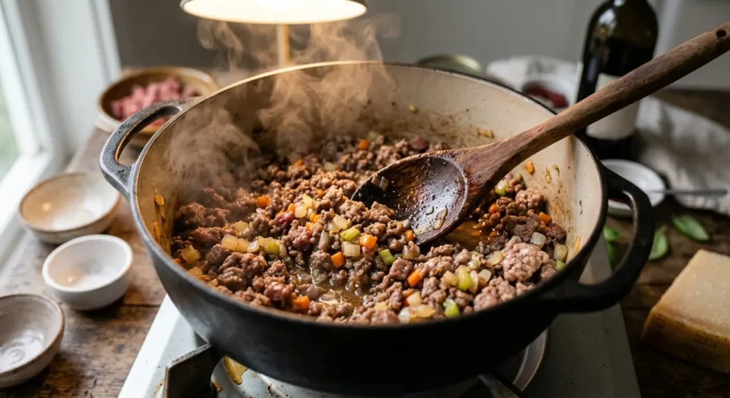 Ground beef and pork browning in a pot with onion, carrot, and celery for bolognese sauce