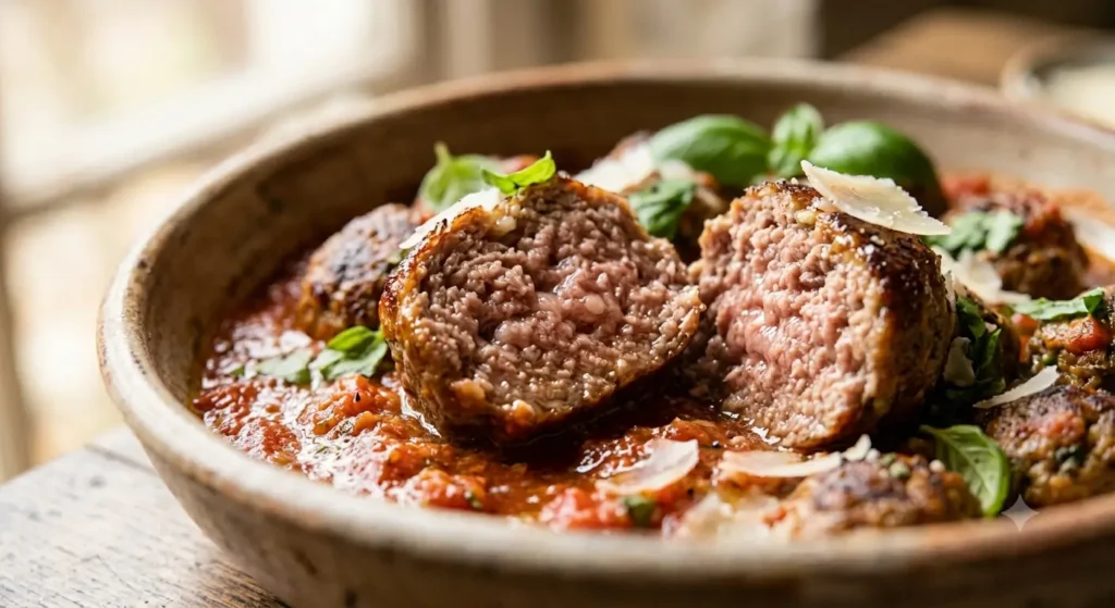 Meatball cut in half showing a juicy, tender interior, resting in tomato sauce with basil and Parmesan