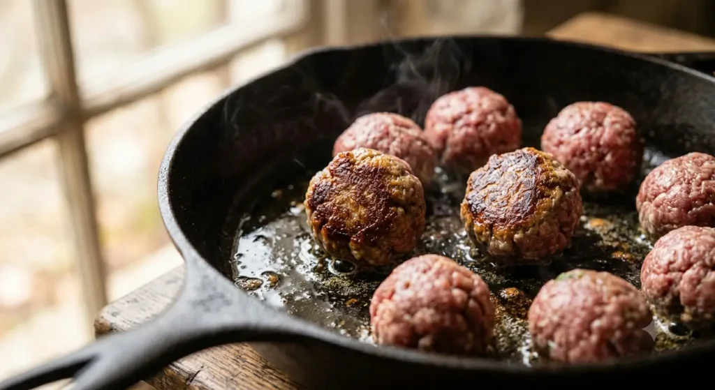 Meatballs browning in a cast iron skillet with olive oil, golden crust forming on each side