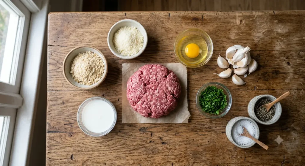 Overhead flat lay of raw ground beef, breadcrumbs, milk, Parmesan, egg, garlic, and parsley on a wood countertop