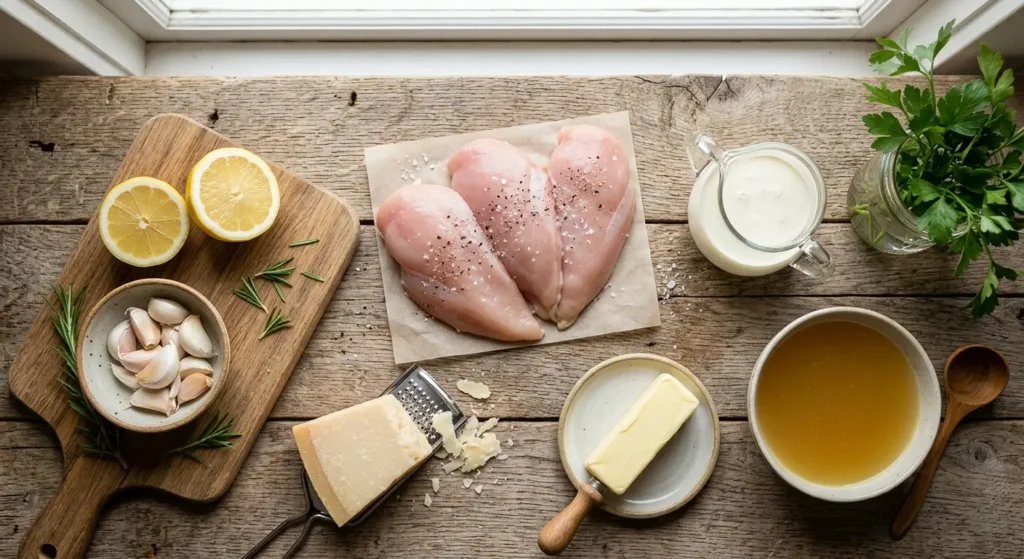 Raw chicken breasts, garlic cloves, butter, Parmesan, cream, lemon, and parsley on a wooden counter