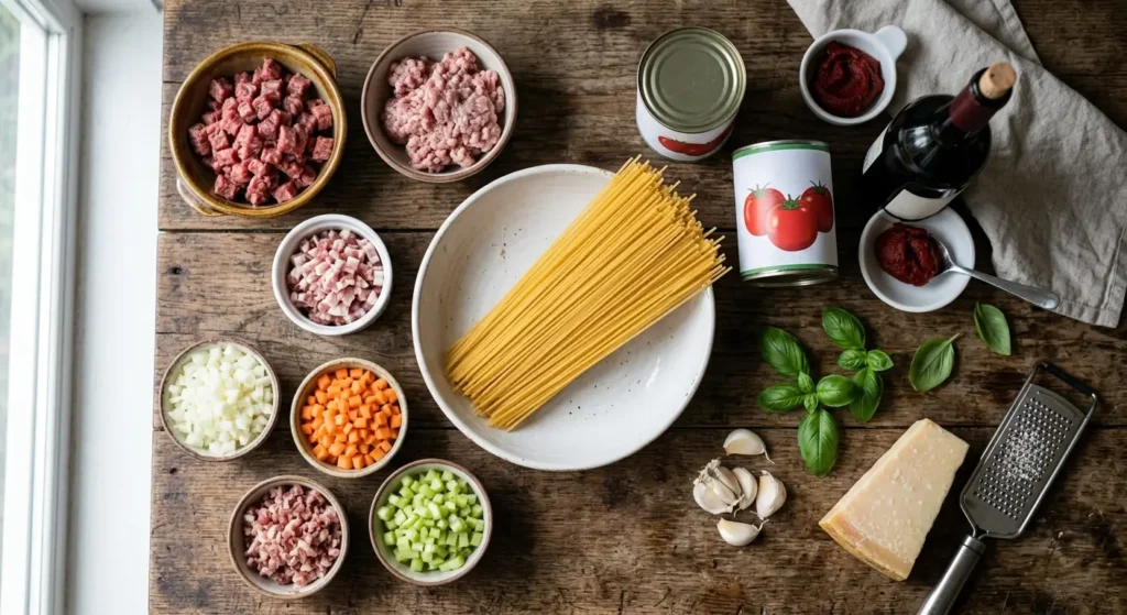 Raw ingredients for spaghetti bolognese including ground beef, pancetta, vegetables, and tomatoes