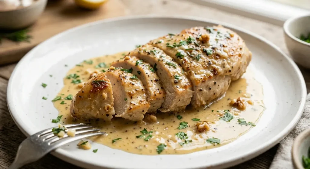 Sliced garlic butter chicken breast on a white plate with creamy garlic sauce